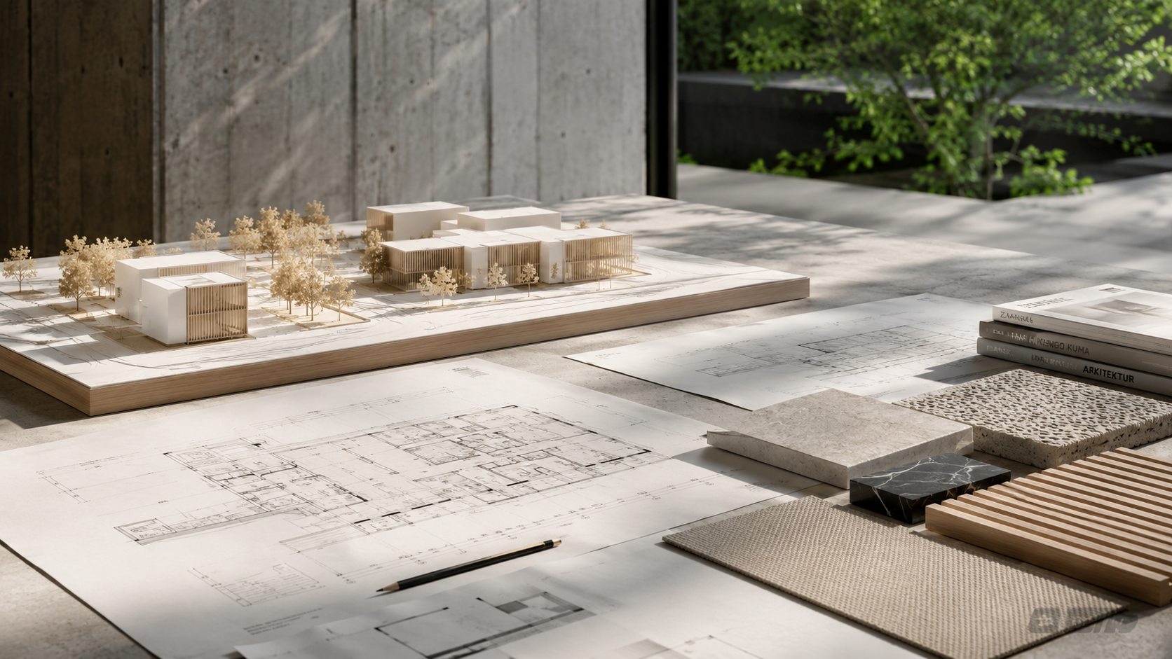 Architectonische maquette en plattegronden op werktafel